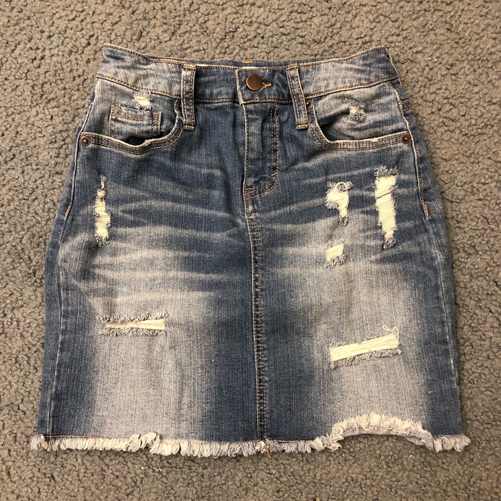 Love, Fire Distressed Denim Skirt